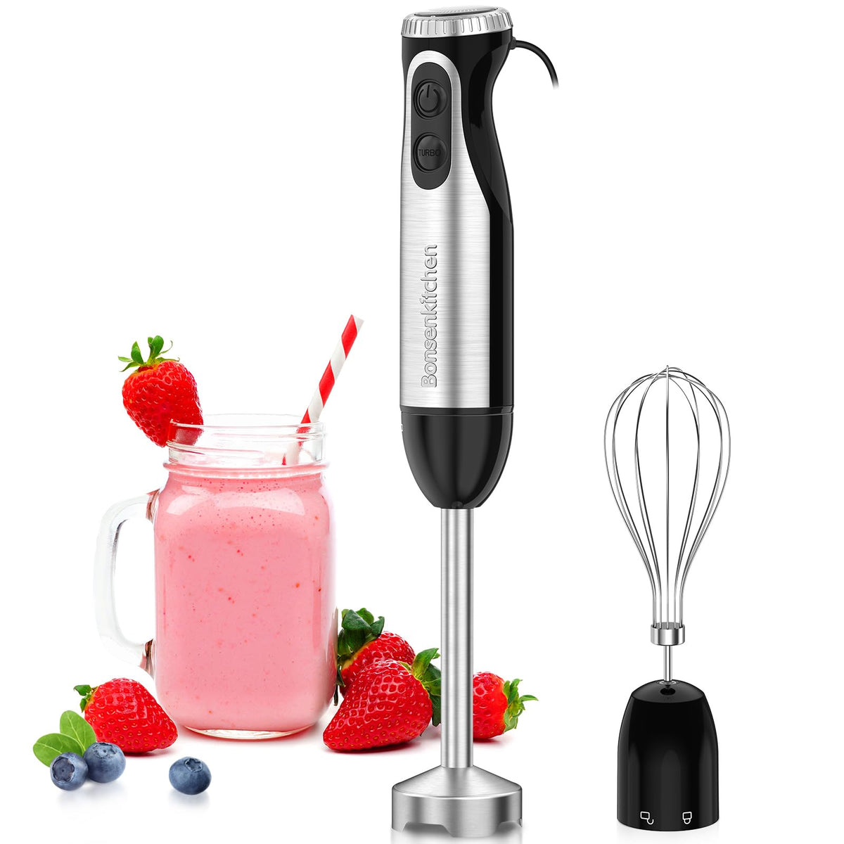 500W Immersion Blender with Whisk and Stainless Steel Stick Mixer
