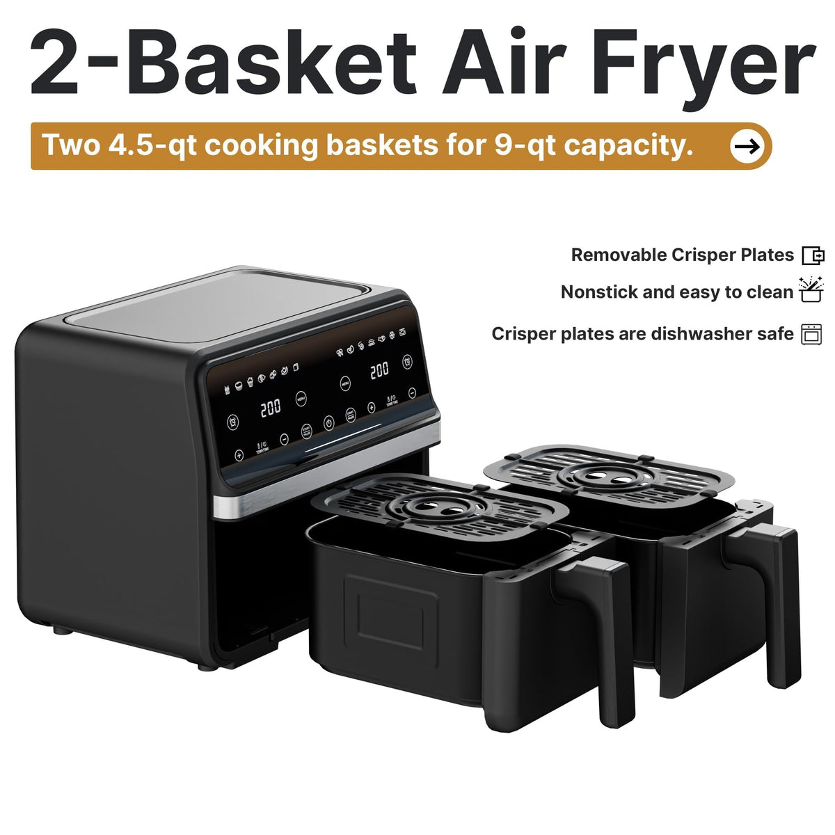 9QT Large Double Air Fryer, 10-in-1 Smart Cook & Sync Finish, Black
