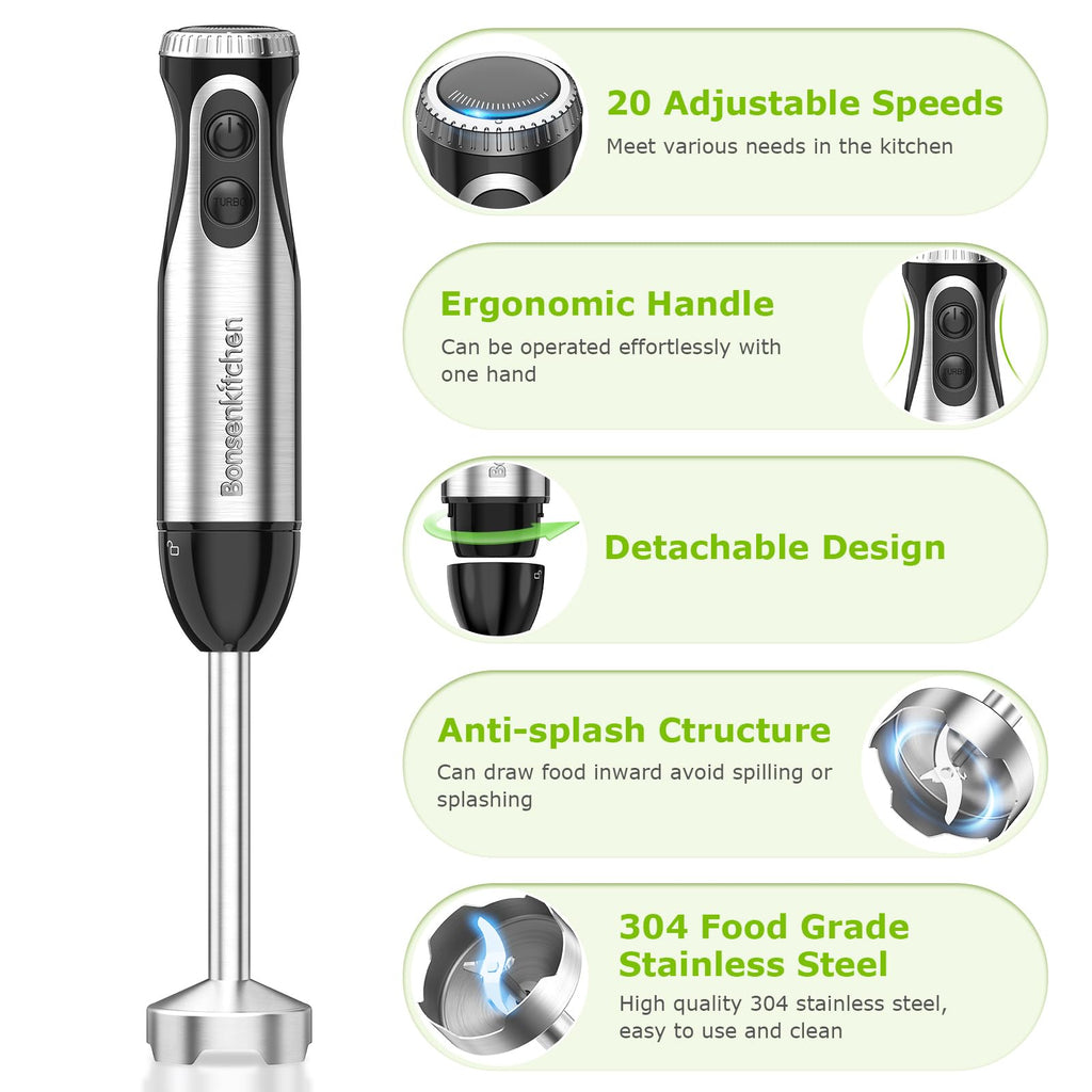 500W Immersion Blender with Whisk and Stainless Steel Stick Mixer