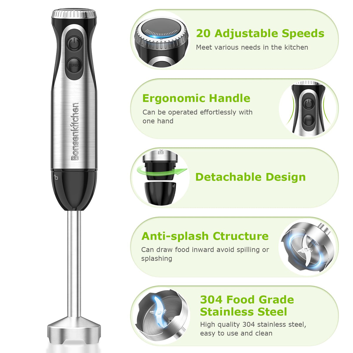 500W Immersion Blender with Whisk and Stainless Steel Stick Mixer