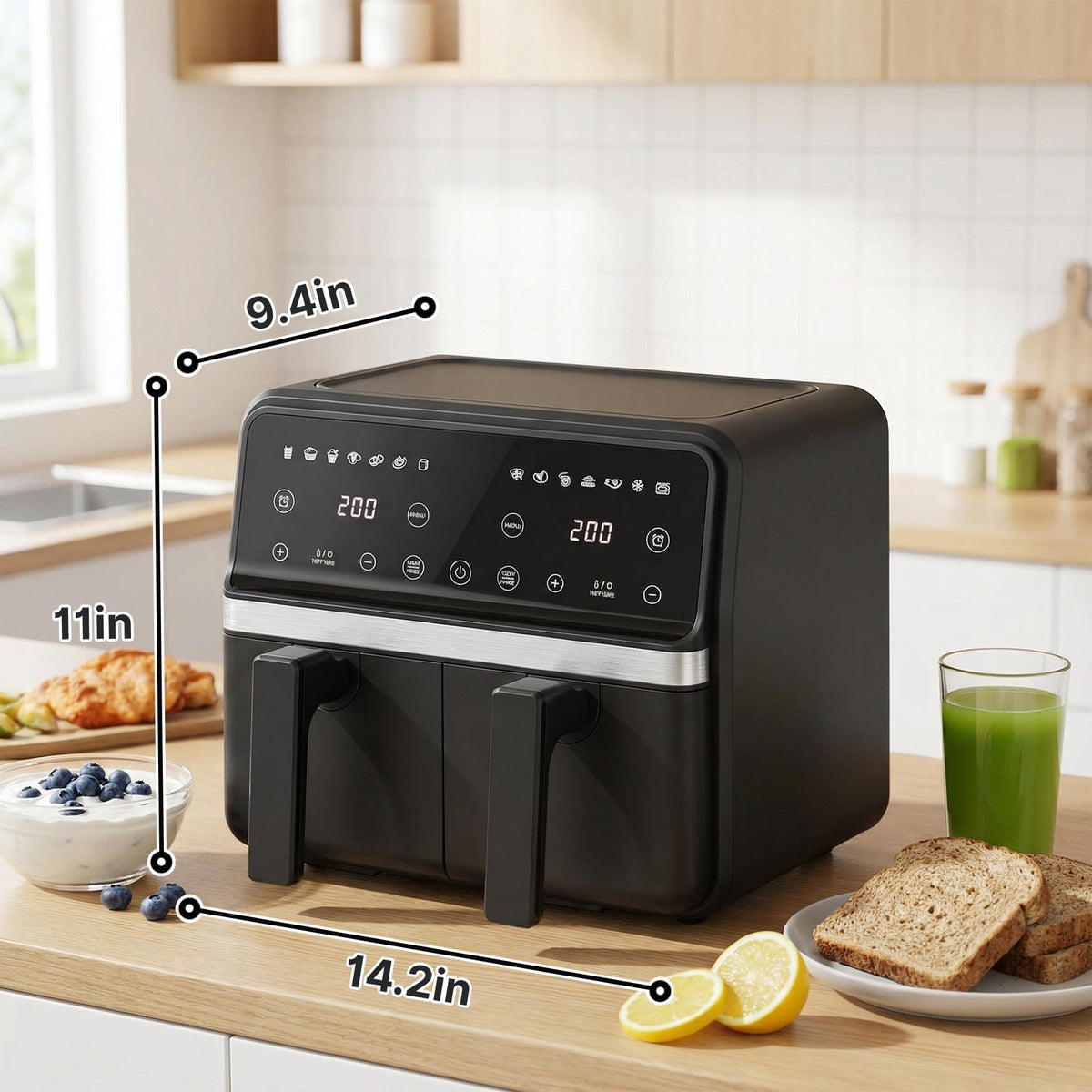9QT Large Double Air Fryer, 10-in-1 Smart Cook & Sync Finish, Black