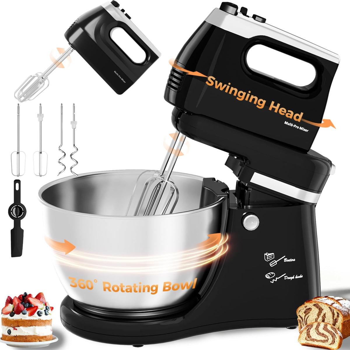 2-in-1 Stand Mixer with Rotating Bowl and Dough Hook for Baking