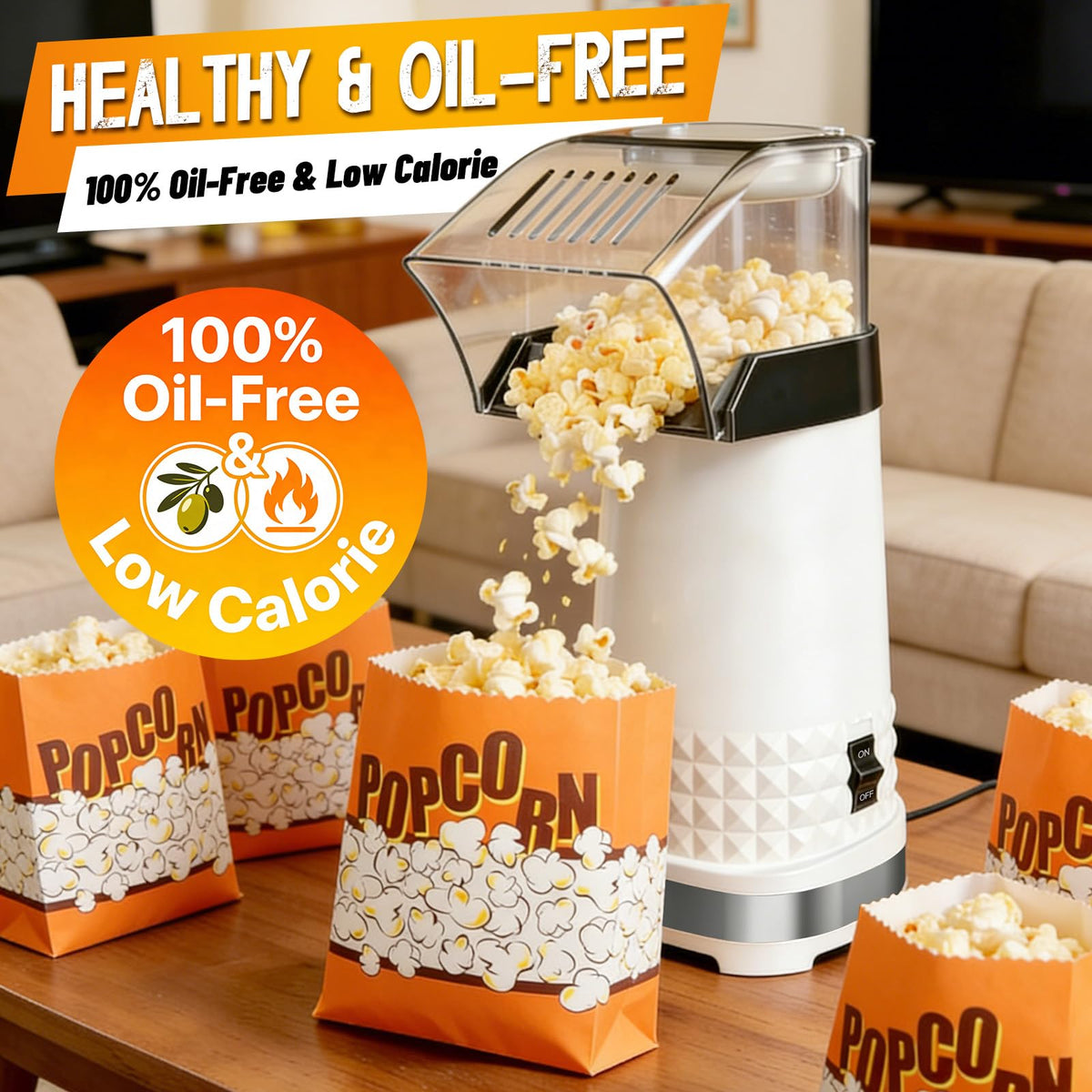 1200W Air Popcorn Maker with 4.5Qt Capacity and One-Button Operation