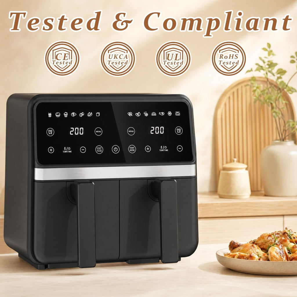 9QT Large Double Air Fryer, 10-in-1 Smart Cook & Sync Finish, Black