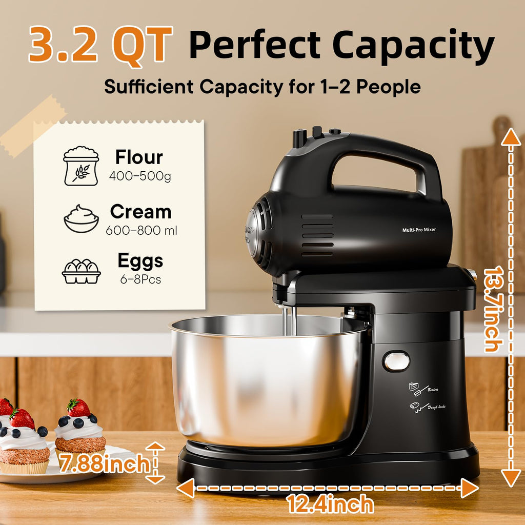 2-in-1 Stand Mixer with Rotating Bowl and Dough Hook for Baking