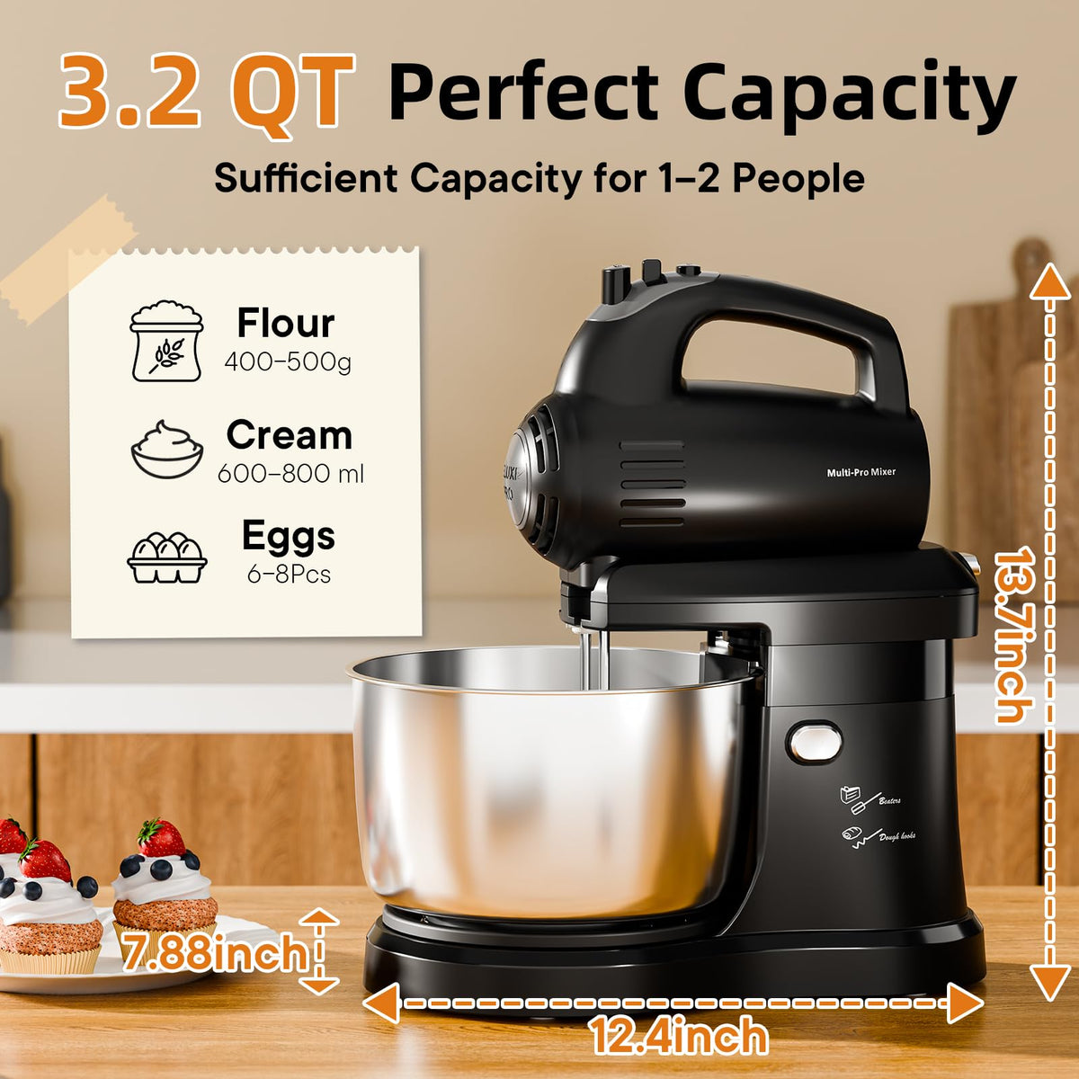 2-in-1 Stand Mixer with Rotating Bowl and Dough Hook for Baking