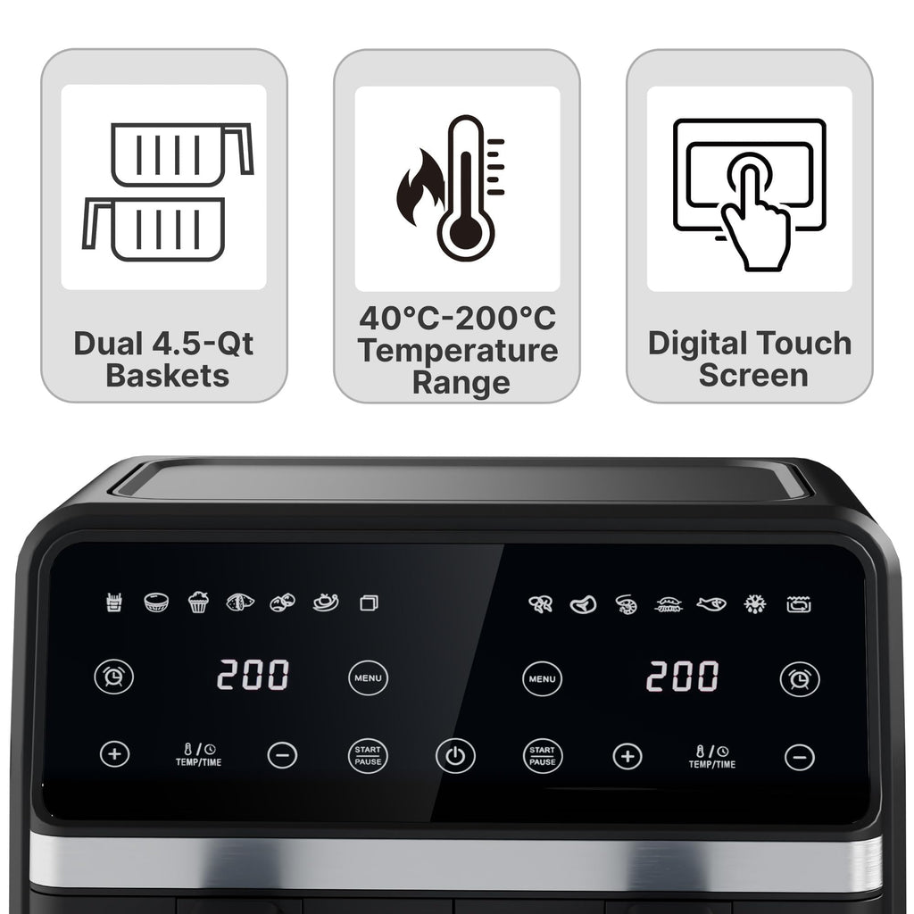 9QT Large Double Air Fryer, 10-in-1 Smart Cook & Sync Finish, Black