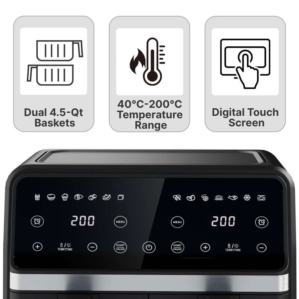 9QT Large Double Air Fryer, 10-in-1 Smart Cook & Sync Finish, Black