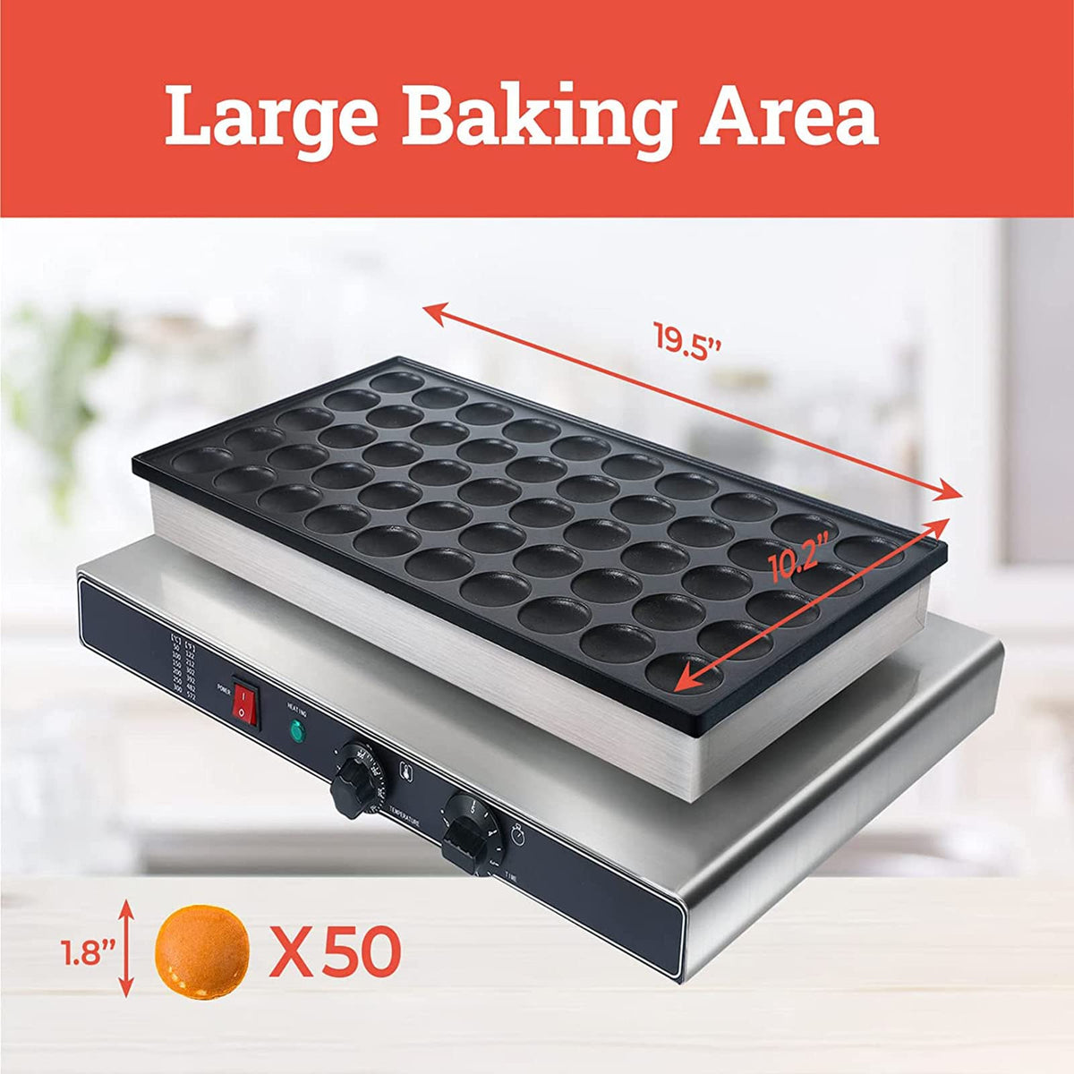 Commercial Mini Pancake Maker with Nonstick 50-Hole Plate and Temperature Control