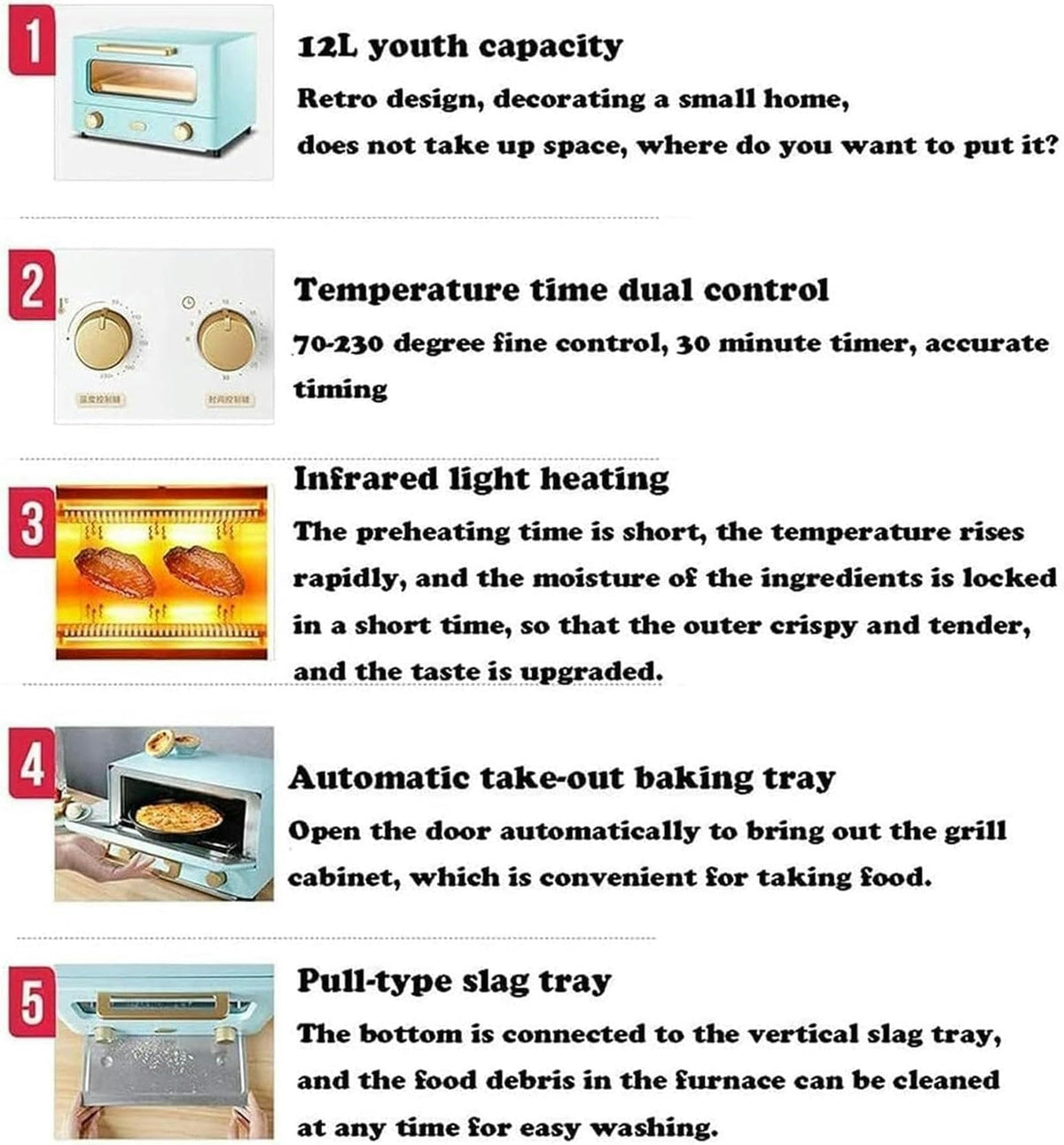 12L Mini Electric Oven with Grill and Convection Heating Function