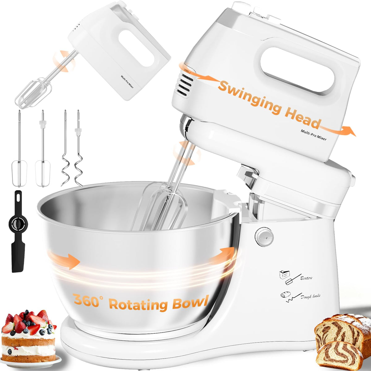 2-in-1 Stand Mixer with Rotating Bowl and Dough Hook for Baking