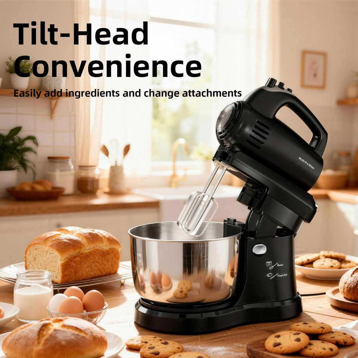 2-in-1 Stand Mixer with Rotating Bowl and Dough Hook for Baking