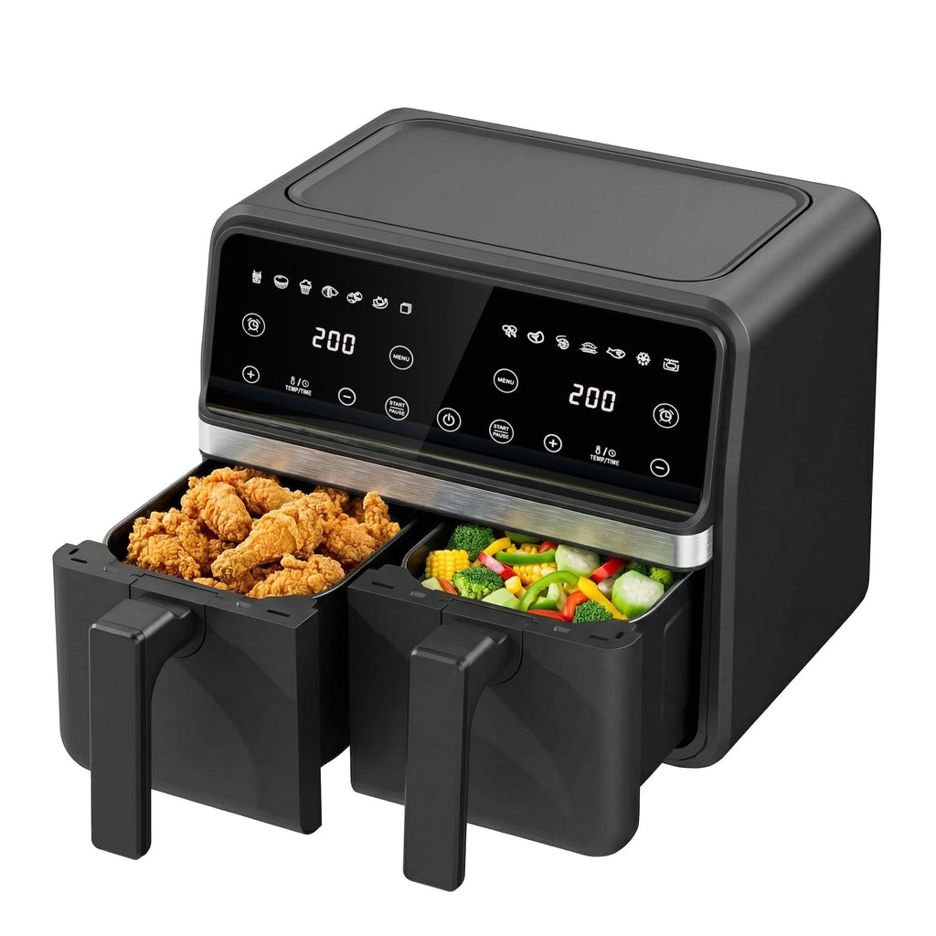 9QT Large Double Air Fryer, 10-in-1 Smart Cook & Sync Finish, Black