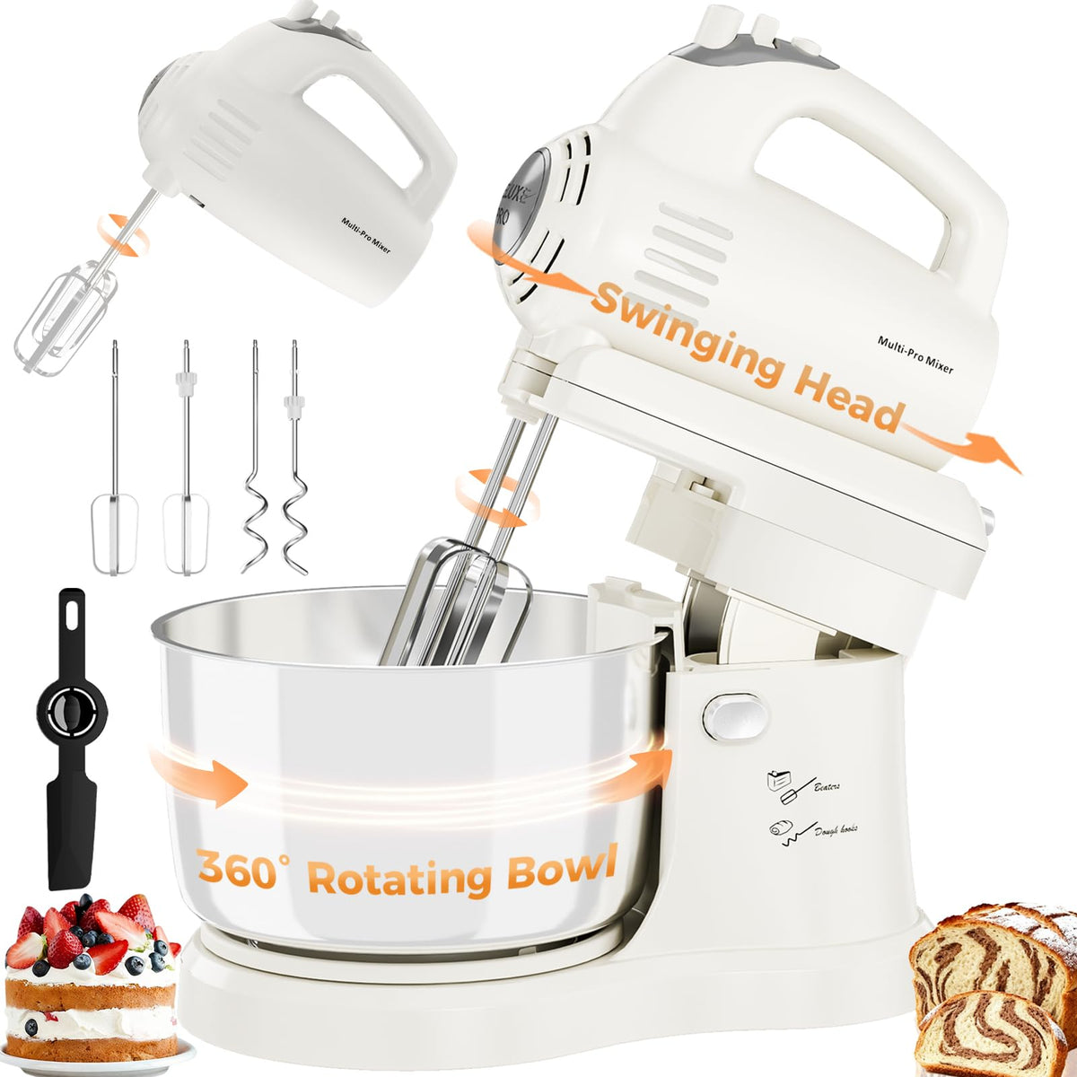 2-in-1 Stand Mixer with Rotating Bowl and Dough Hook for Baking