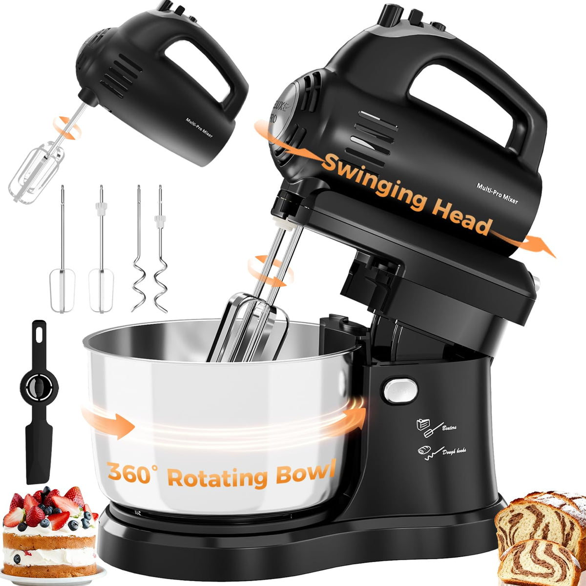 2-in-1 Stand Mixer with Rotating Bowl and Dough Hook for Baking