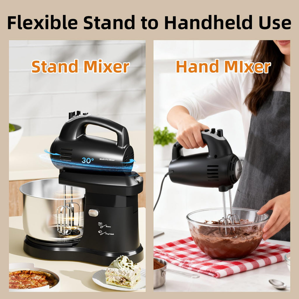 2-in-1 Stand Mixer with Rotating Bowl and Dough Hook for Baking
