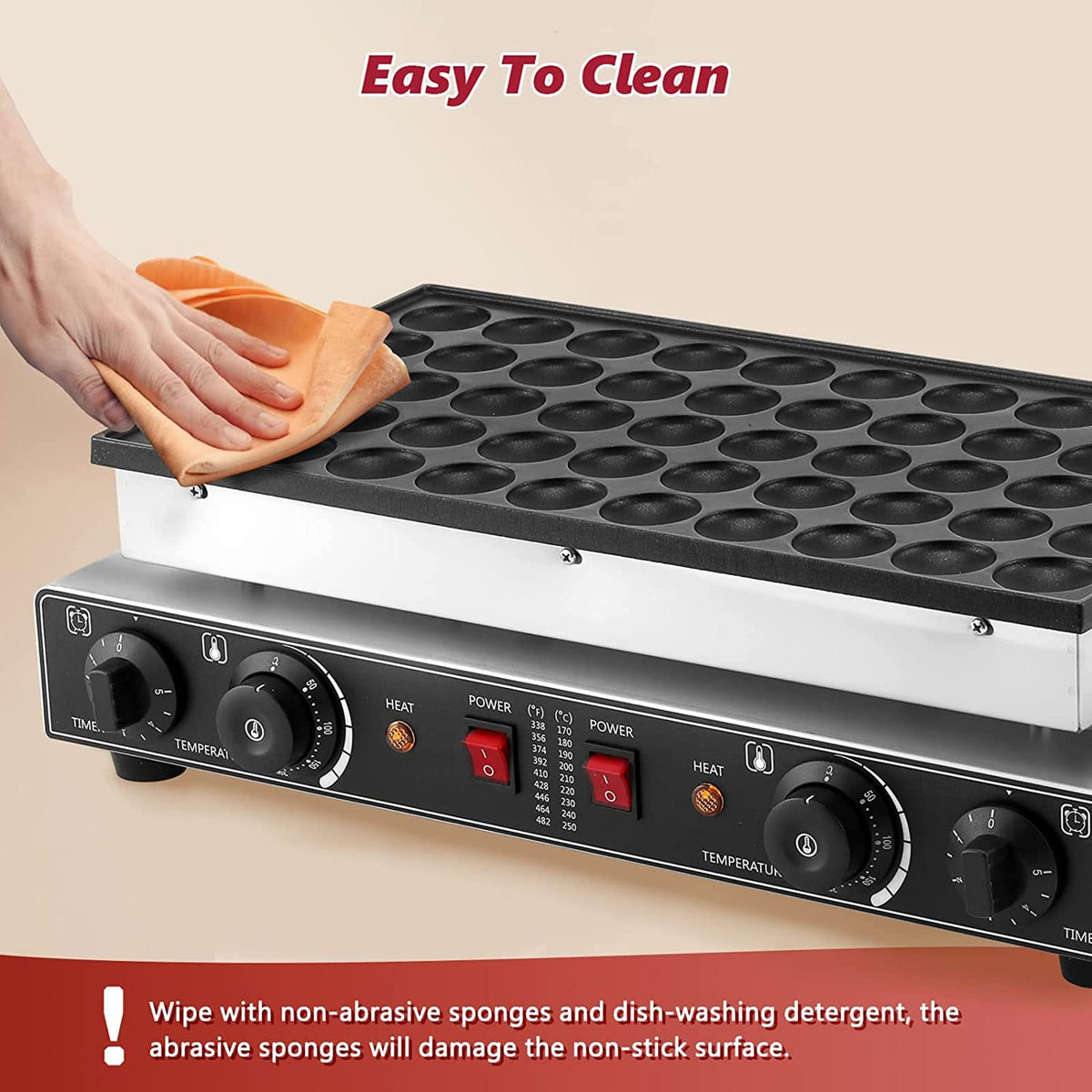 Commercial Mini Pancake Maker with Nonstick 50-Hole Plate and Temperature Control