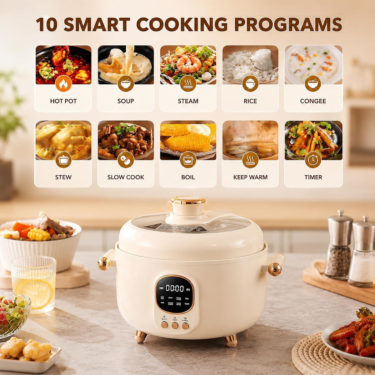 4L Electric Pressure Cooker Hot Pot, 70kPa Smart Multi-Cooker w/Timer