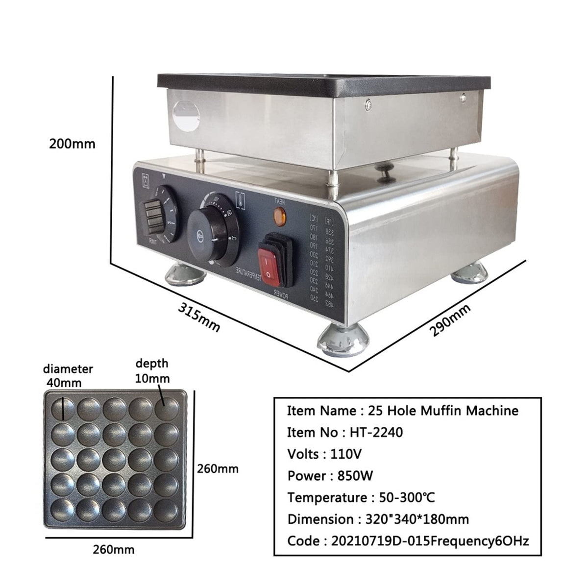 Commercial Electric Pancake Maker with Nonstick 25-Hole Plate and Temperature Control