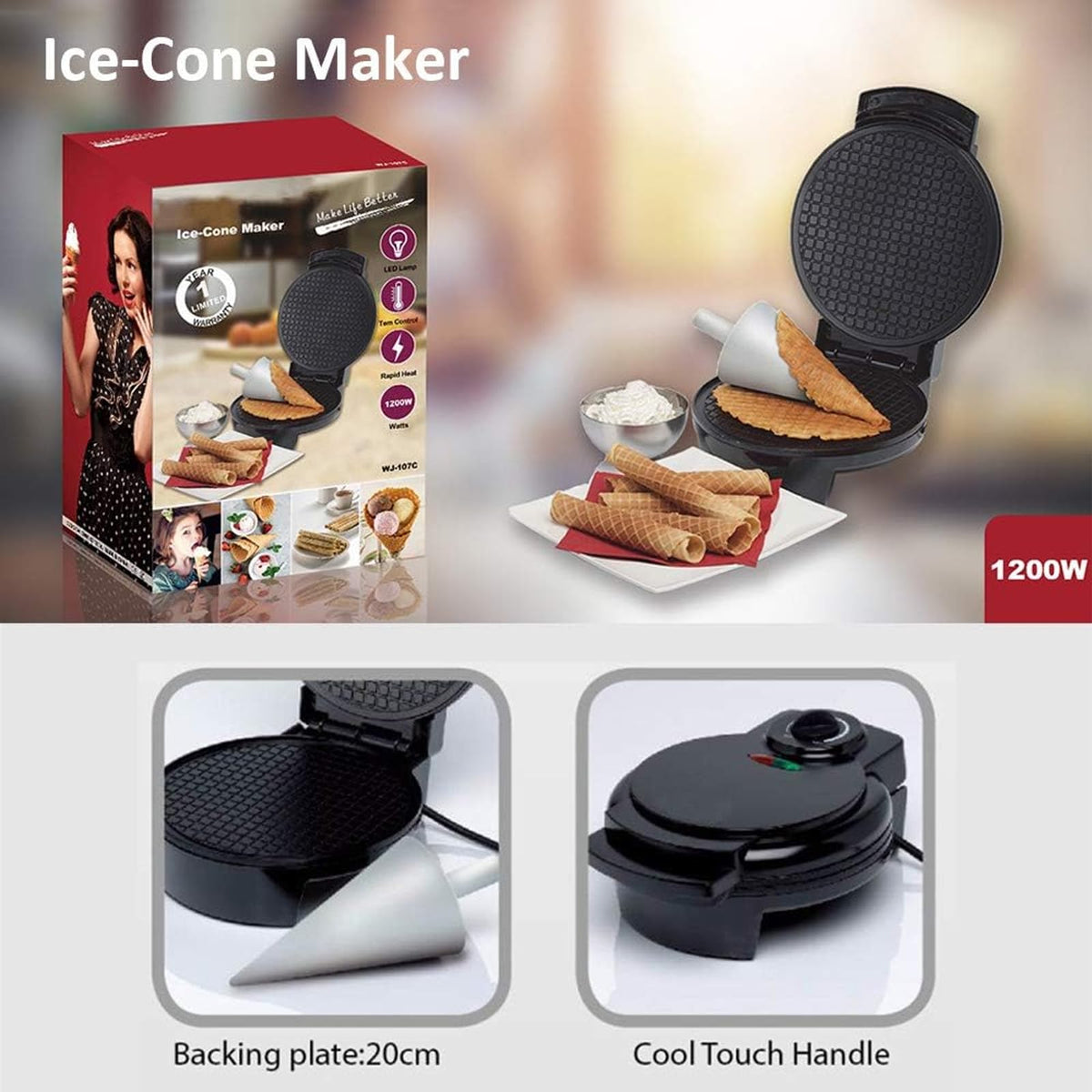 Electric Waffle Cone Maker with Nonstick Double-Sided Heating Plate