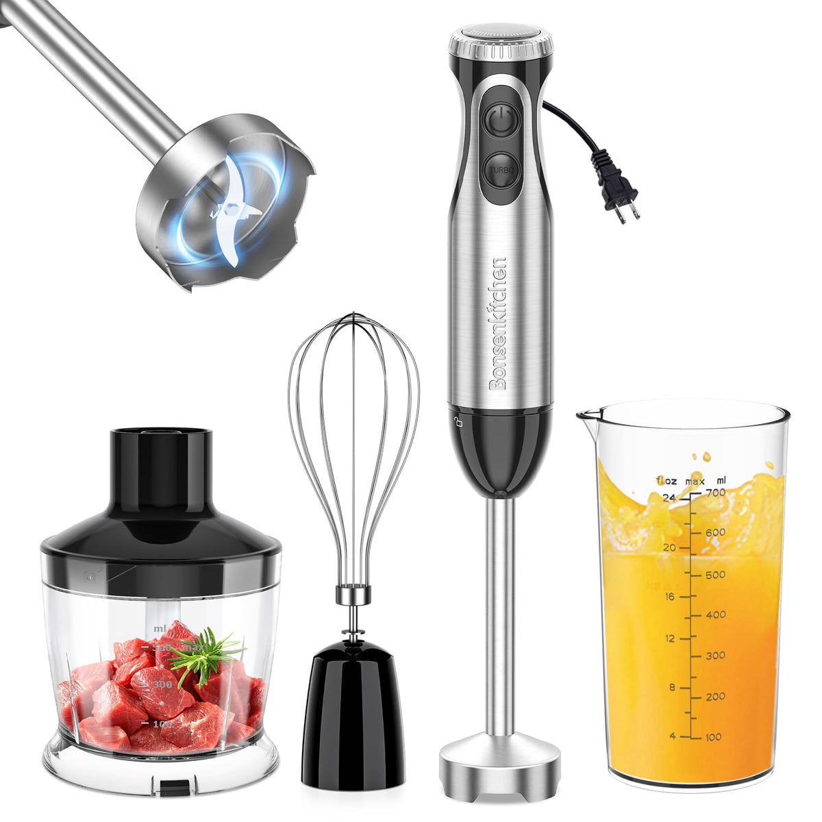 500W Immersion Blender with Whisk and Stainless Steel Stick Mixer