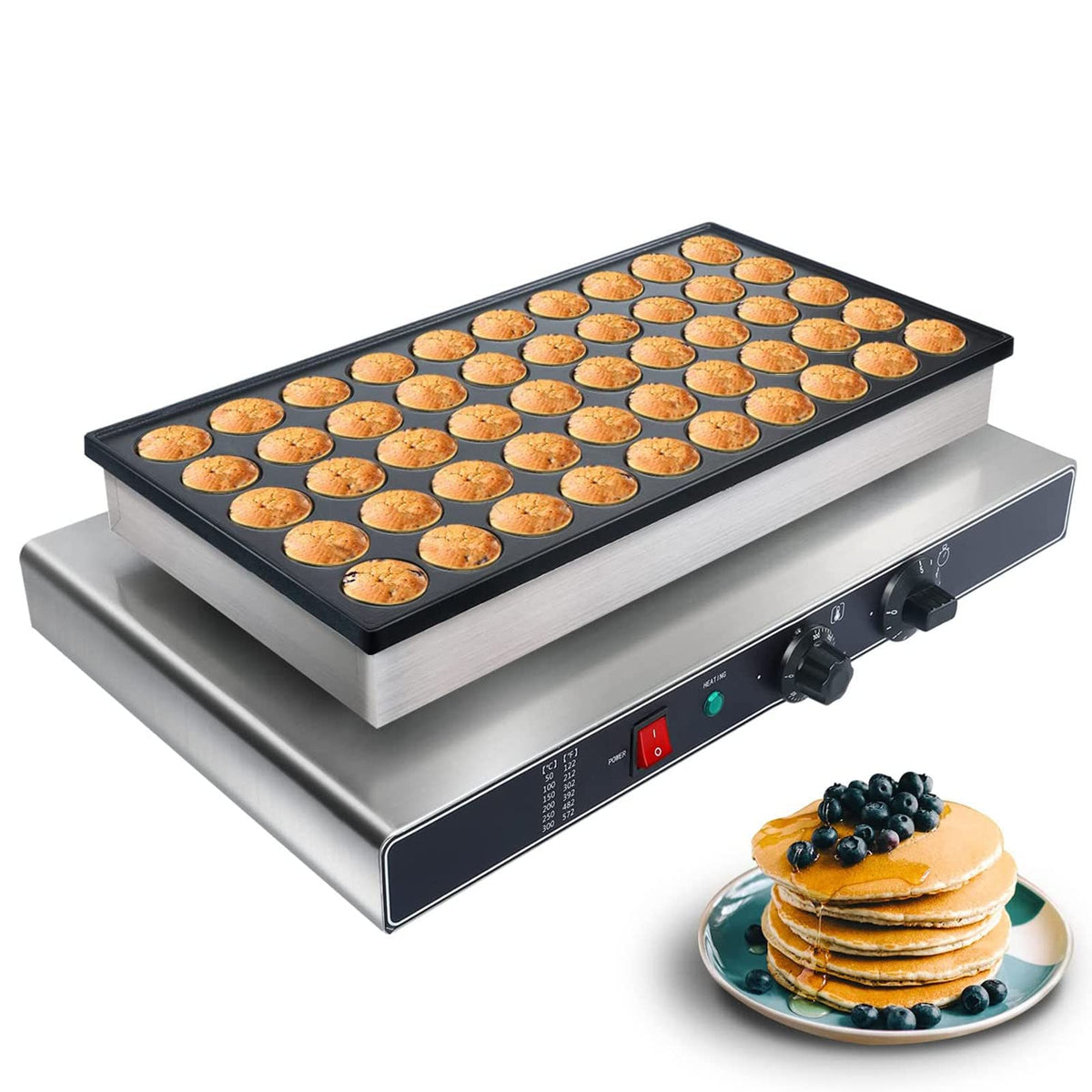 Commercial Mini Pancake Maker with Nonstick 50-Hole Plate and Temperature Control