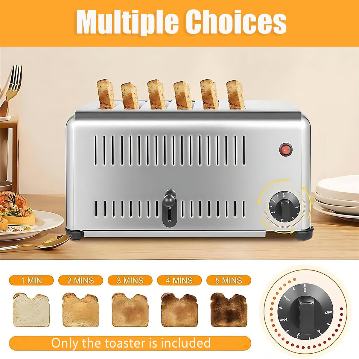 6-Slice Stainless Steel Commercial Toaster with Timer Function
