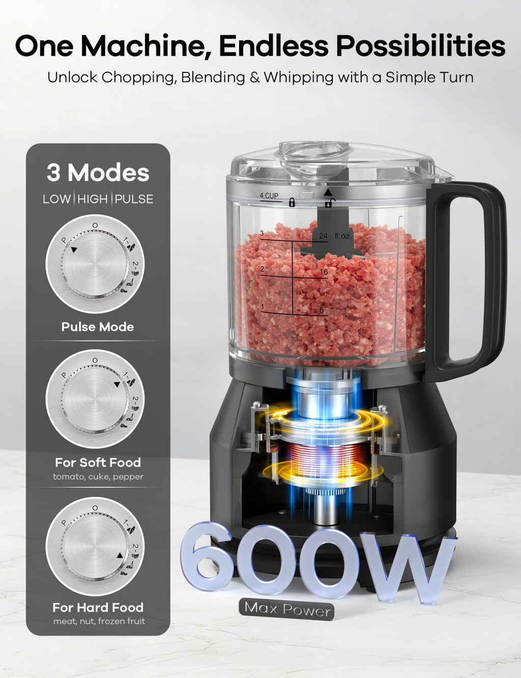 4-in-1 Food Processor with Slice, Shred, Mince and Whisk Functions