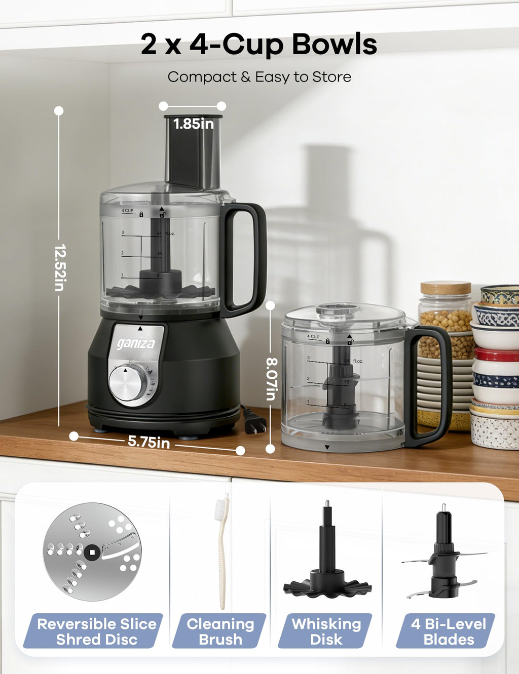 4-in-1 Food Processor with Slice, Shred, Mince and Whisk Functions
