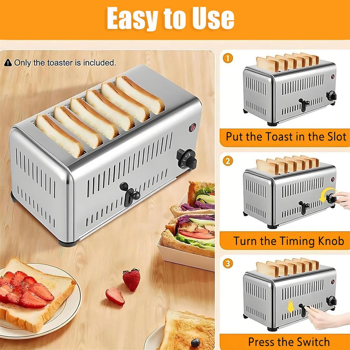 6-Slice Stainless Steel Commercial Toaster with Timer Function