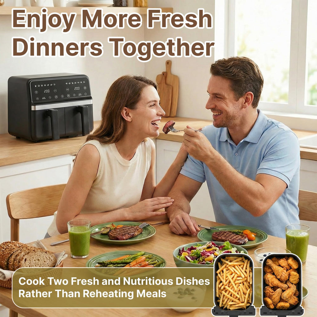 9QT Large Double Air Fryer, 10-in-1 Smart Cook & Sync Finish, Black