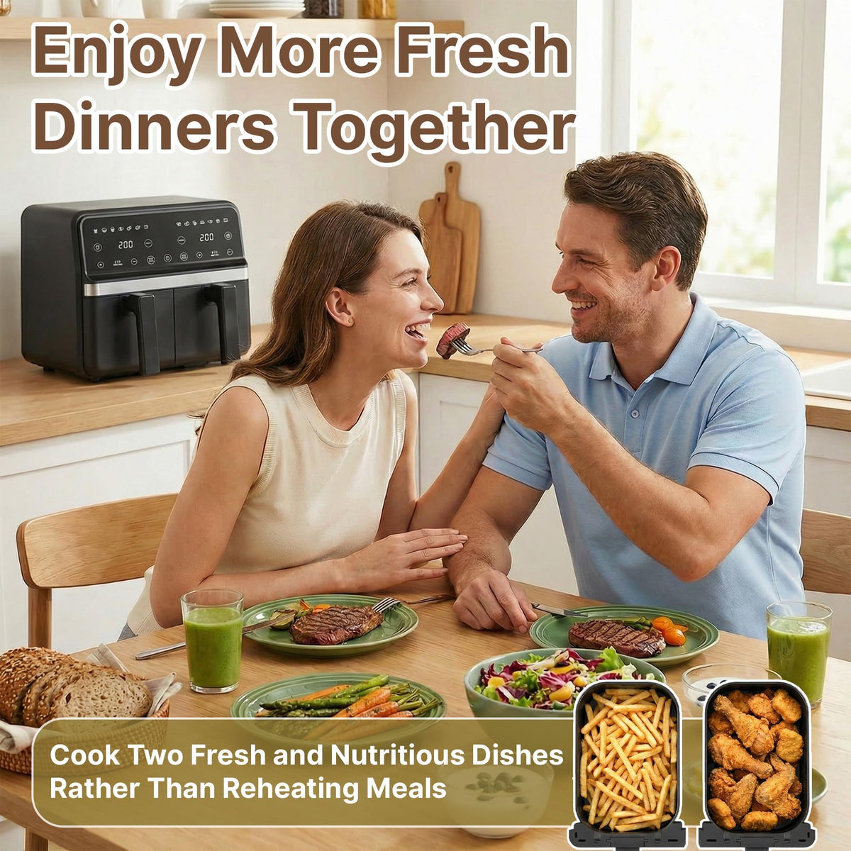 9QT Large Double Air Fryer, 10-in-1 Smart Cook & Sync Finish, Black