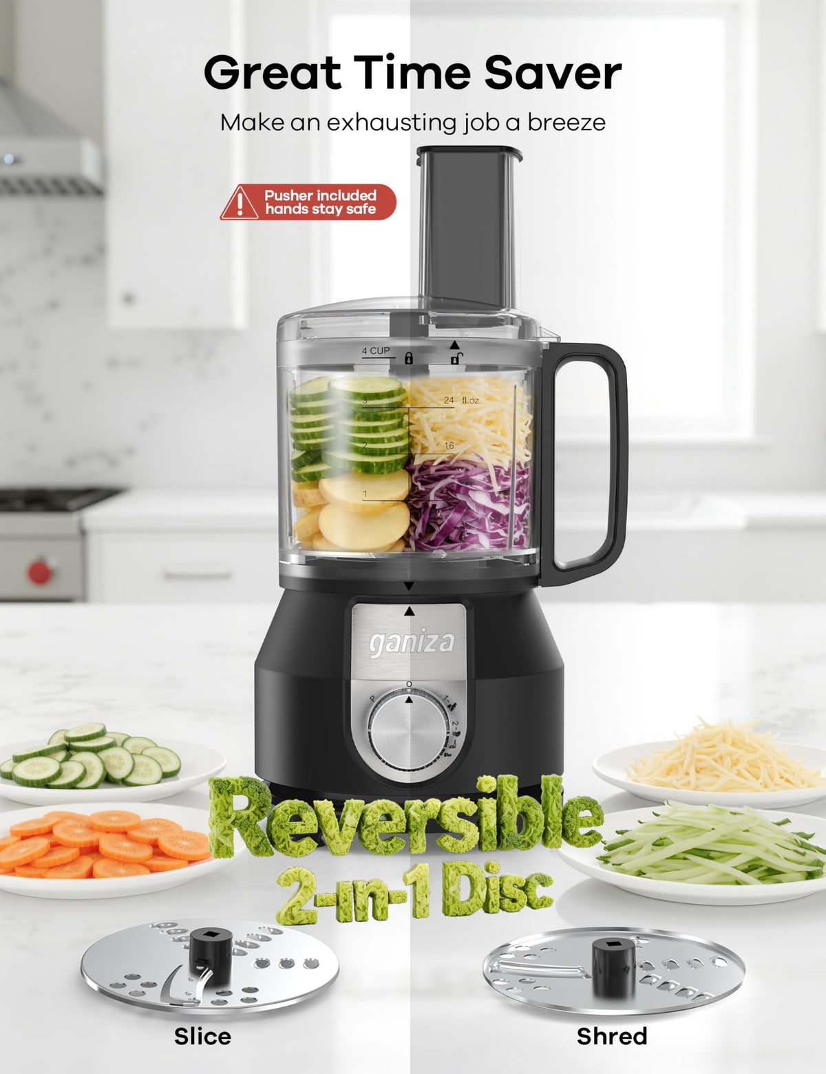 4-in-1 Food Processor with Slice, Shred, Mince and Whisk Functions