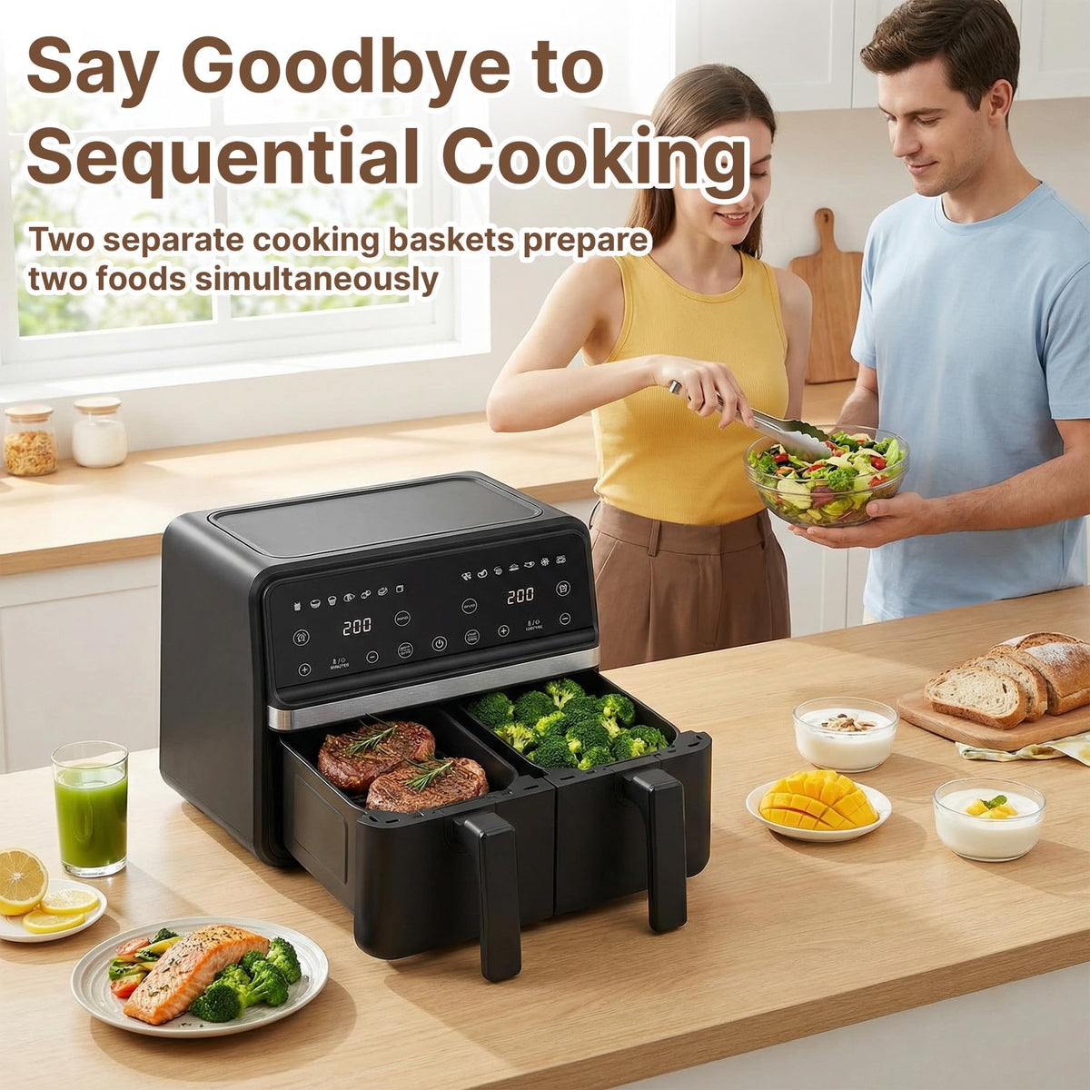 9QT Large Double Air Fryer, 10-in-1 Smart Cook & Sync Finish, Black